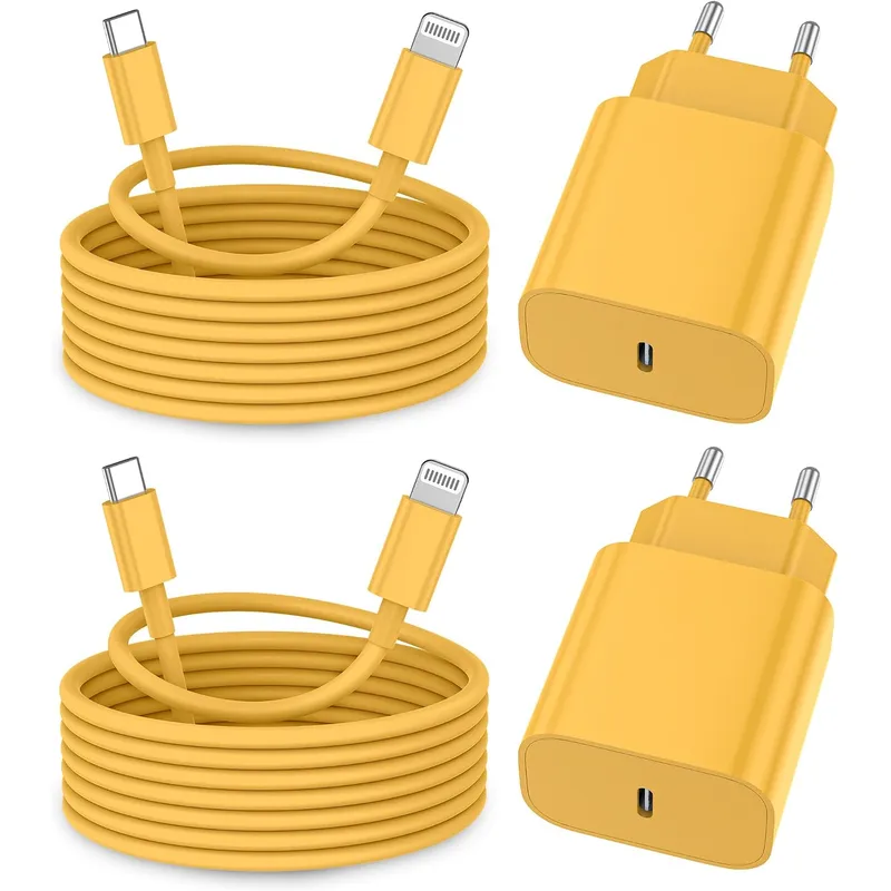 FEEL2NICE USB-C-Ladegerät + Lightning-Kabel, 2er-Set – Gelb