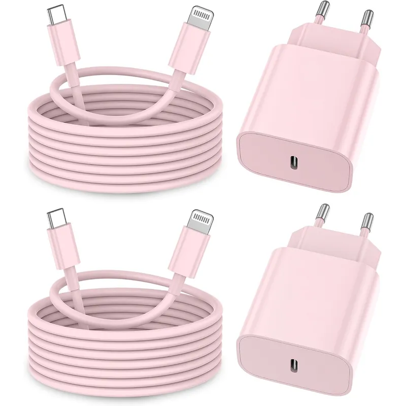 FEEL2NICE USB-C-Ladegerät + Lightning-Kabel, 2er-Set – Rosa